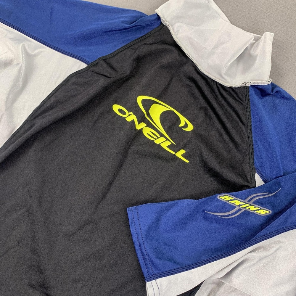 VTG‎ O'Neill Skins Rash Guard Shirt Boys 2XL Black Gray Blue Surf Made USA Beach